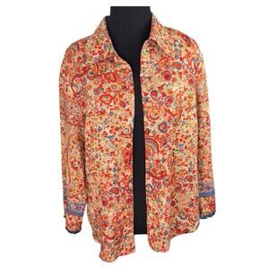 Vtg Pine Cove Womens Blouse Sz 8 Linen Blend Button Boho Artsy Detail Trim EUC